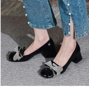 YDN Women Square Toe Tassel Pumps Rhinestone Bow Chunky Low Heels Slip on Comfy